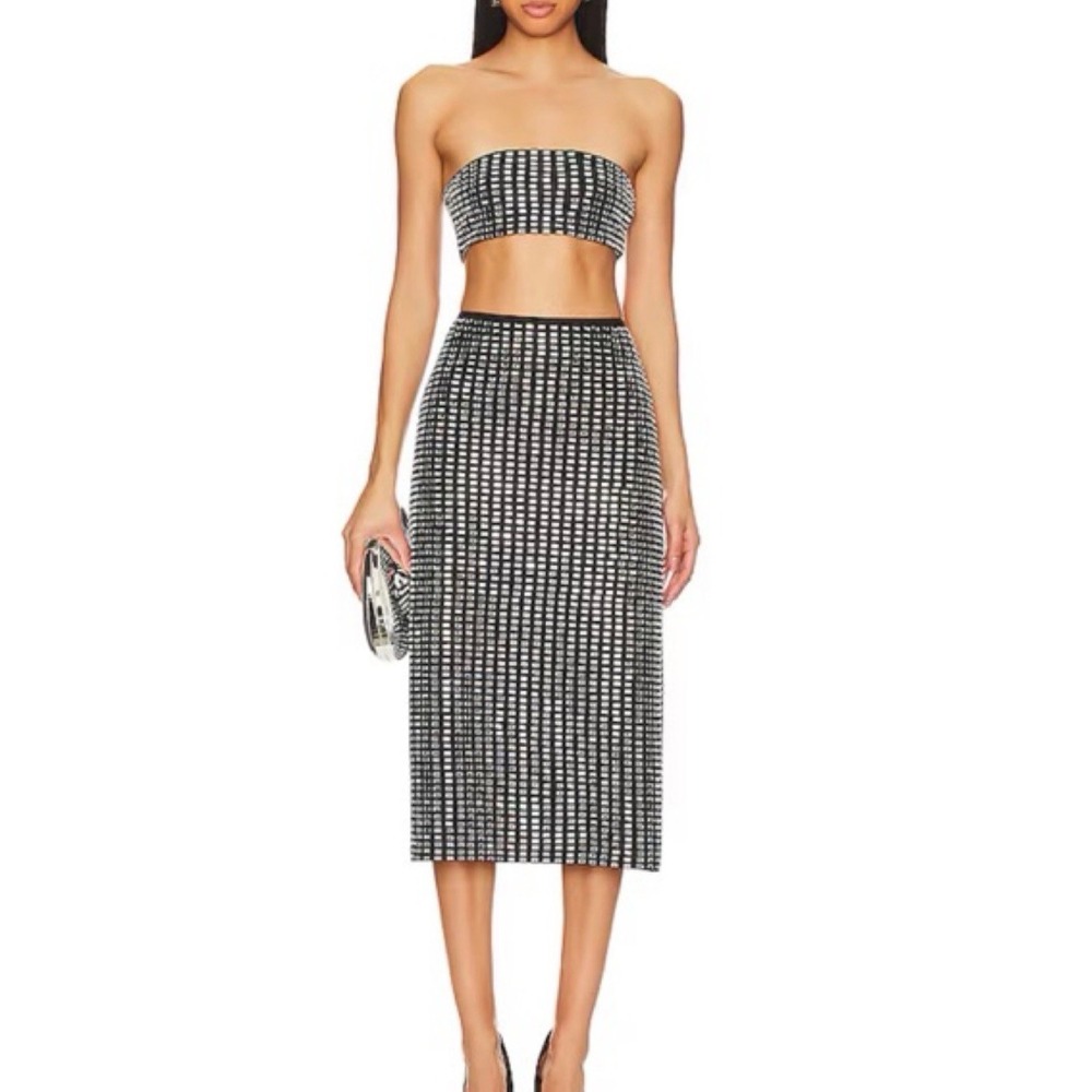 WeWoreWhat Rhinestone Bandeau Top and Midi Skirt Set Black Silver XL